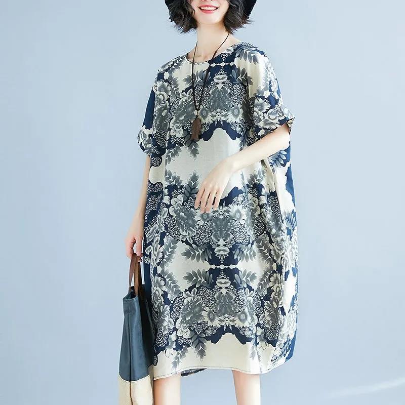 WTEMPO Plus Size Cotton and linen Flower Printing Women Dress Summer Short Sleeve Round Neck Long Dress Casual Mid-calf Length