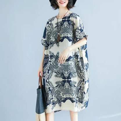 WTEMPO Plus Size Cotton and linen Flower Printing Women Dress Summer Short Sleeve Round Neck Long Dress Casual Mid-calf Length