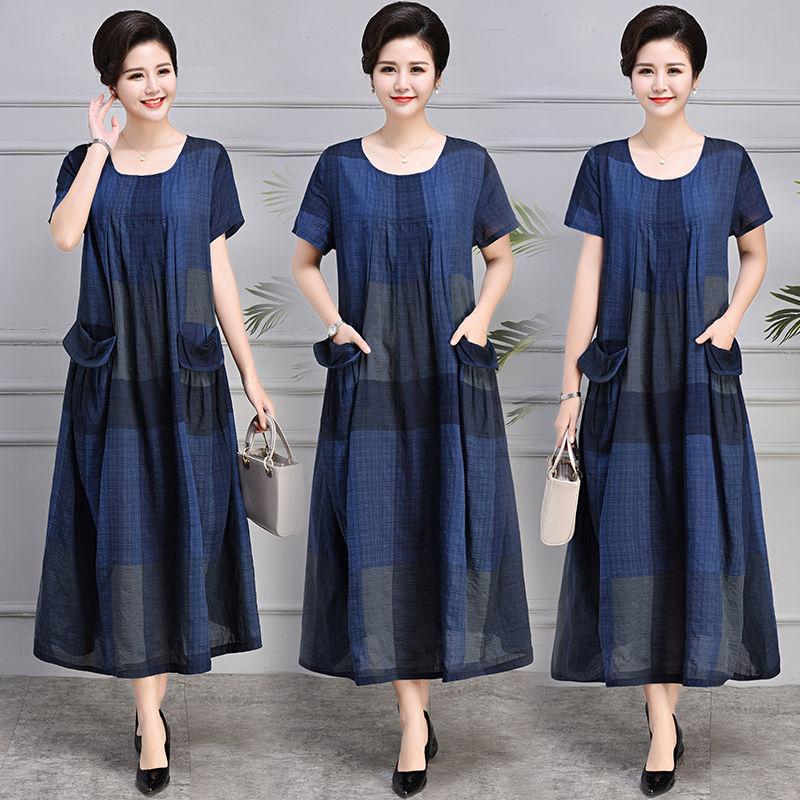 Mother Middle-aged Summer Cotton and Linen Dress Plus Size 100kg Loose Casual Linen Long Skirt Over The Knee