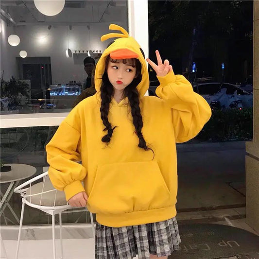Fleece Thickening Funny Girl Little Yellow Duck Sweater Women's Hooded Pocket Jacket Solid Color Top
