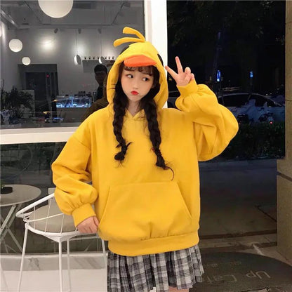Fleece Thickening Funny Girl Little Yellow Duck Sweater Women's Hooded Pocket Jacket Solid Color Top