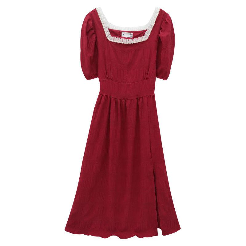 Large Size Red Square Collar Dress Female Summer French Retro Waist Slimming Long Skirt Lace Neckline Sexy Elegant Cute Playful Dress