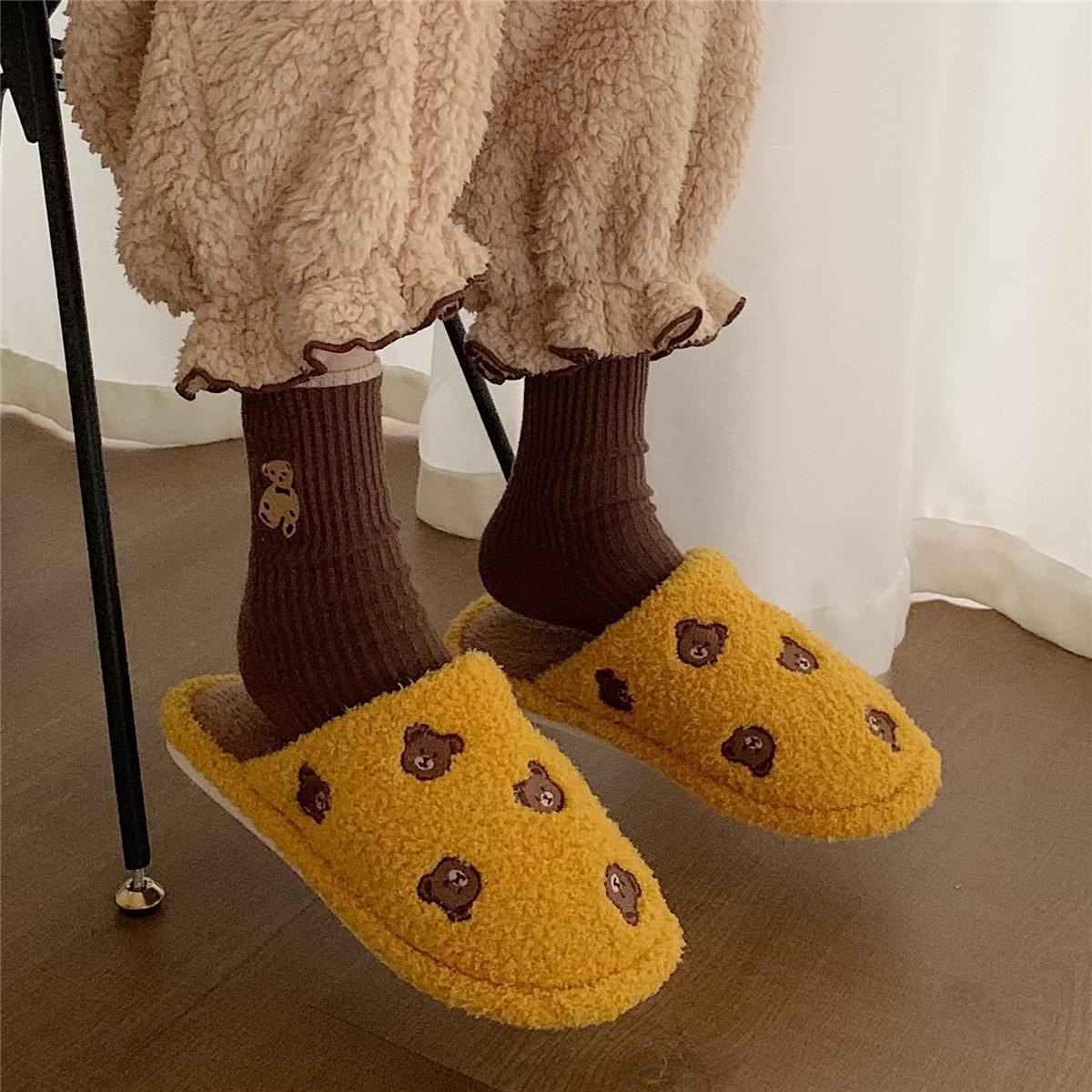 Cute Bear Slippers Autumn and Winter Warm Casual Flat Shoes Indoor Non-slip Cotton Shoes Soft Shoes