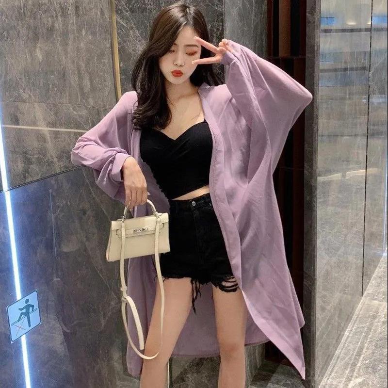 Batwing Sleeve Women's Beach Sun Protection Cardigan Plus Size Shawl Loose Outer Chiffon Long Sleeve  Mid-calf Solid Color