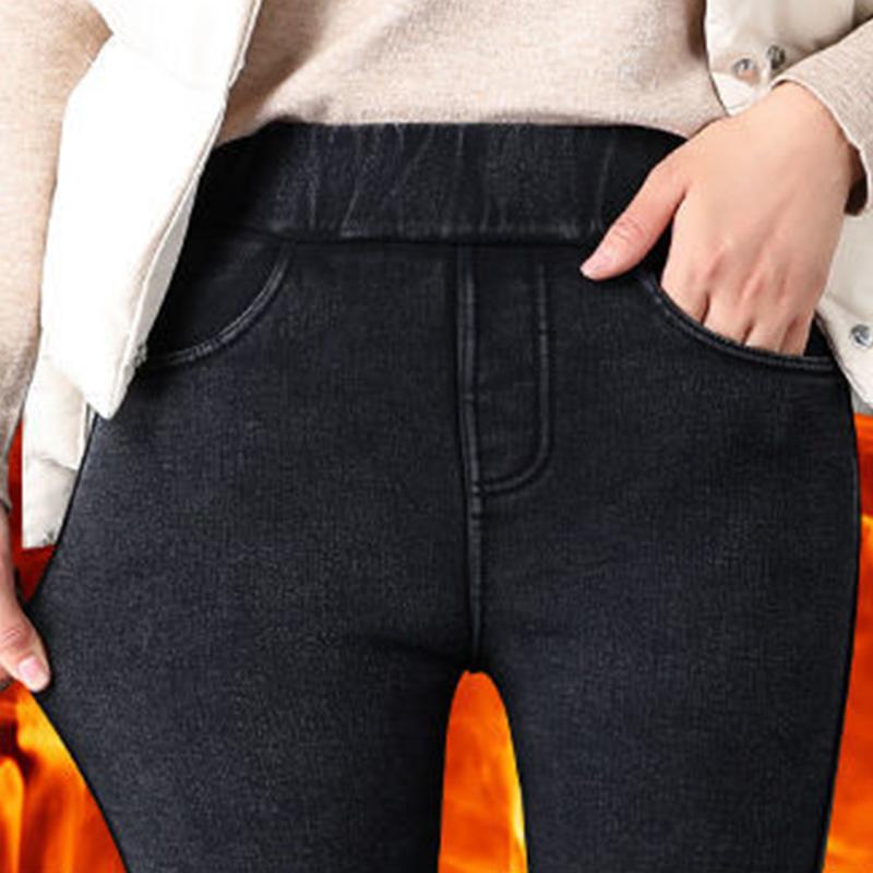Snowflake Black Imitation Denim Women's Lengthened Trousers for Outer Wear Winter Plus Size Women's Trousers High Waist Thin and Thick Cotton