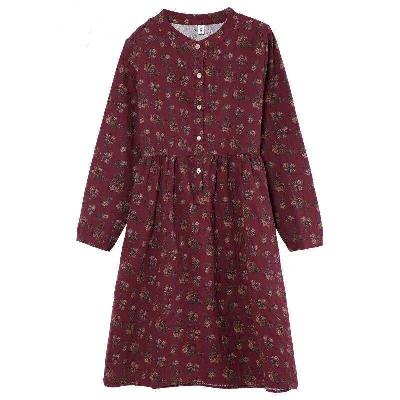 Floral Dress O Neck Long Sleeve Button Cotton Linen A-Line Midi Dresses Elegant Party Vintage Vestidos