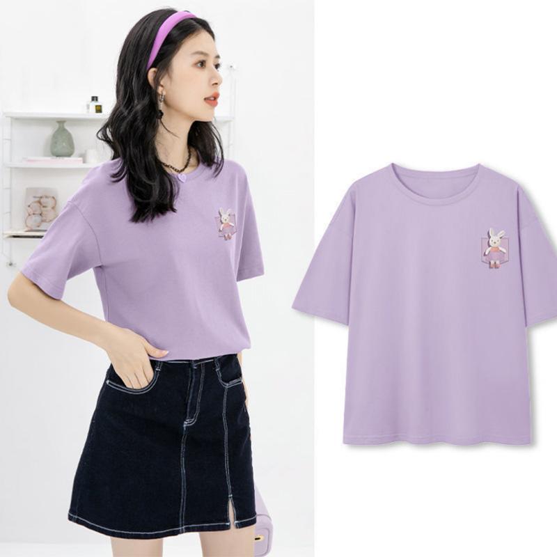 Solid Color Pattern T-shirt Women's Short-sleeved Summer Student Korean Version Round Neck Loose Ins Trend Design Top