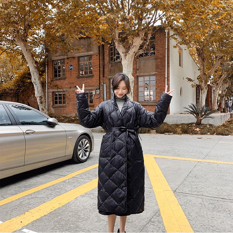 Casual Loose Argyle Hooded Parkas Women Fashion Solid Thick Long Coats Women Elegant Tie Belt Cotton Jackets Female Ladies