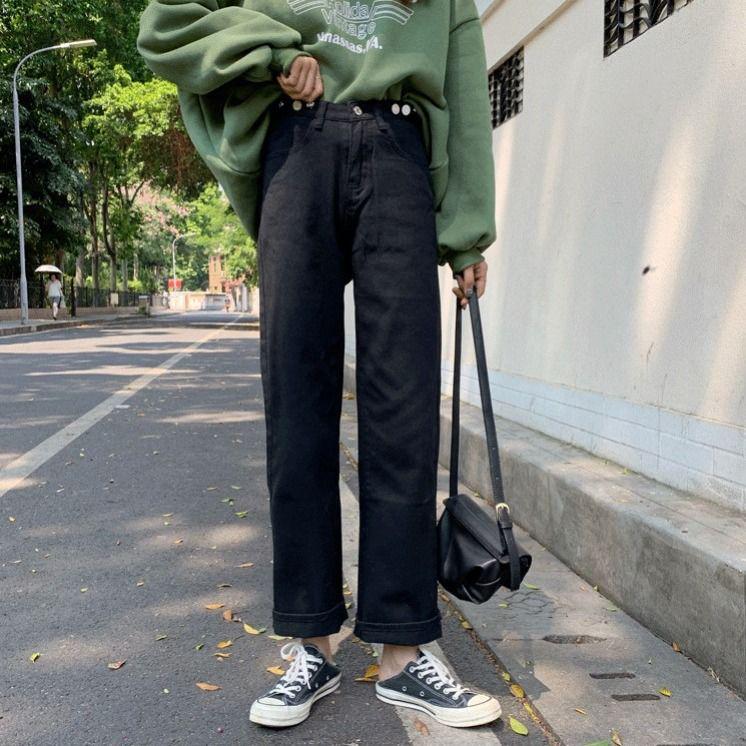 WTEMPO Women Fashion High-rise Wide-leg Jeans Women's Large Size Loose Blue Trousers Stitching Pocket