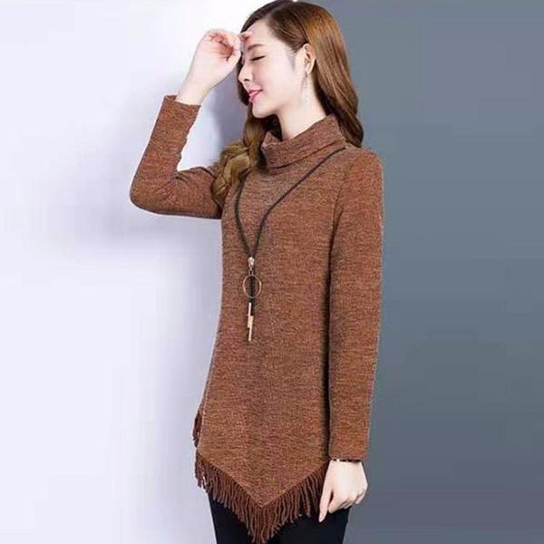 Spring and Autumn Turtleneck Large Size Women's Long Sleeve Fringed Knit Sweater Mid-length Slim Bottoming Shirt