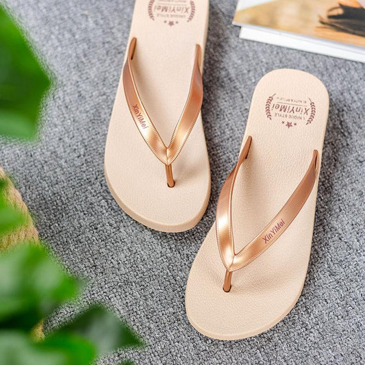 Beach Shoes Sandals and Slippers Women's Summer Wear Seaside Non-slip Thick-soled Wedges with Flip Flops Sandals Simple
