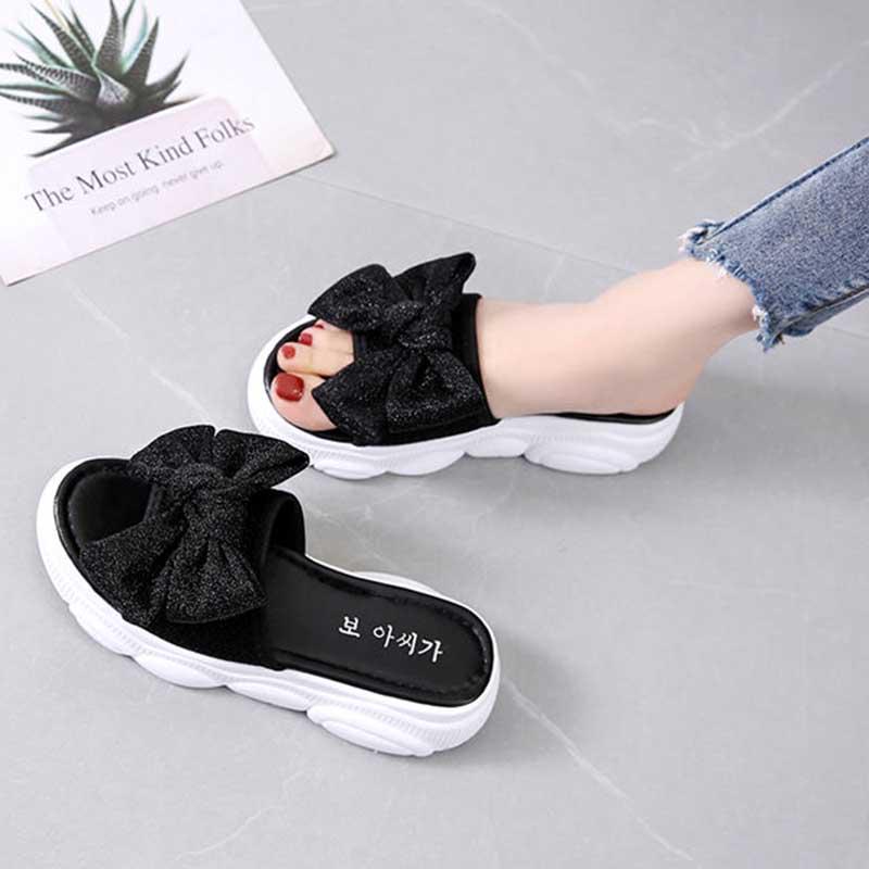 Size 35-40 Summer Women All-match Bow Slippers Outdoor Pearl High Heels Sandals Bohemian Beach Wear-resistant Non-slip Slippers Wedge Platform Sandals