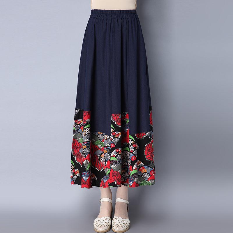 Four Seasons Skirt Stitching Ethnic Style Women's Skirts Cotton and Linen Large Swing Mid-length Skirt Retro Was Thin