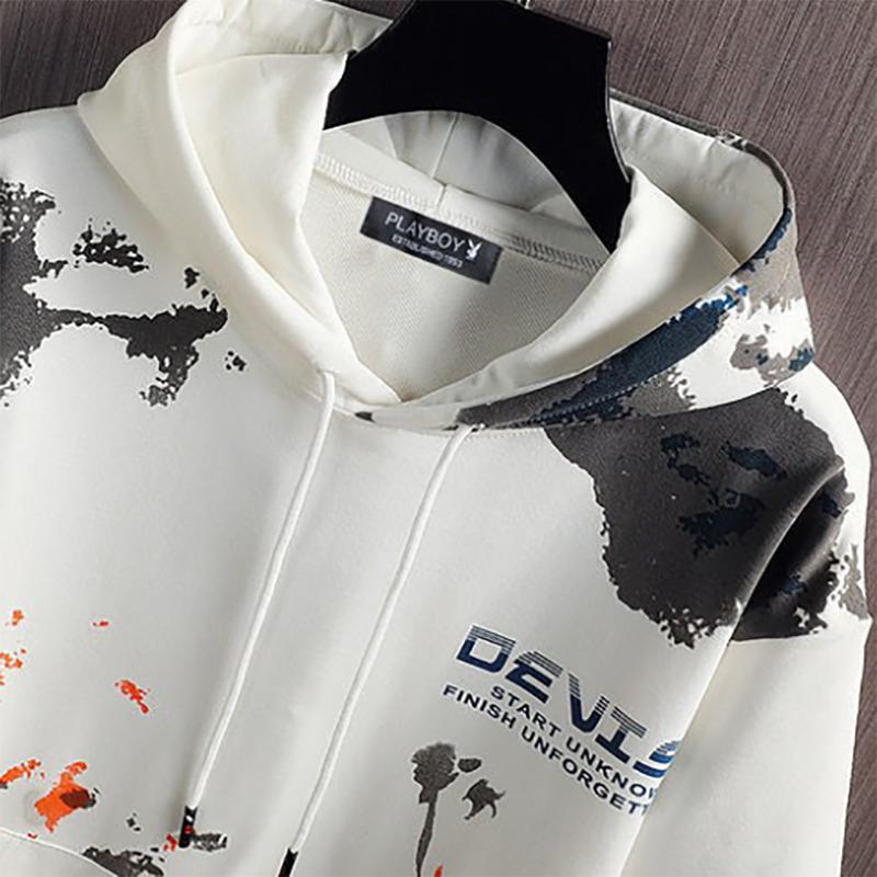 Men's Hooded Sweaters Fall and Winter Loose Warmth Printing Fake Two-piece Long-sleeved Sweaters