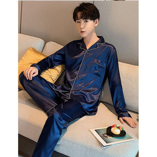 Plus Fat Plus Size Men's Pajamas Spring and Autumn Long-sleeved Ice Silk Thin Korean Home Service Two-piece Suit