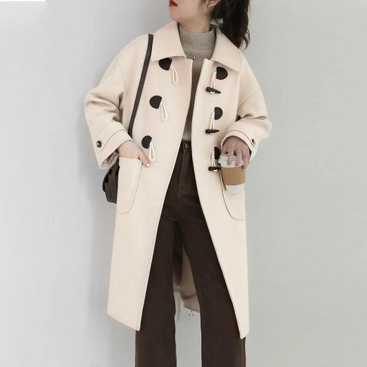 Retro Horn Button Woolen Coat Women's Mid-length 2021 Autumn and Winter Korean Style Thick Woolen Coat