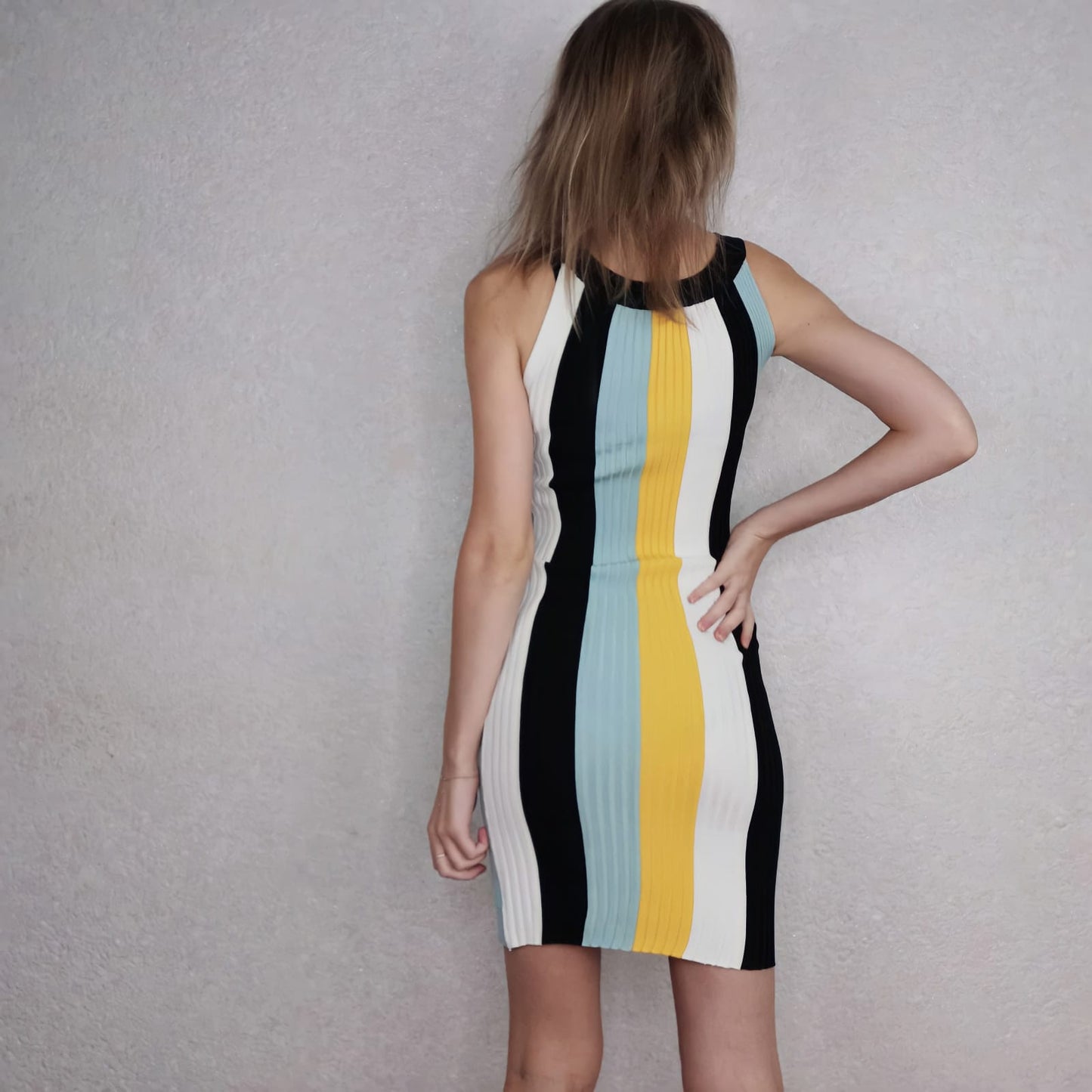 Women's Round Neck Sleeveless Halter Neck Dress Striped Knitted Dress Elastic Slim Bodycon Dress for Party