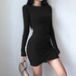 Women's Pleated Long-sleeved Bottoming Dress Korean Style Autumn and Winter Slim Sexy Slim Solid Color Waist Bag Hip Skirt Long Skirt