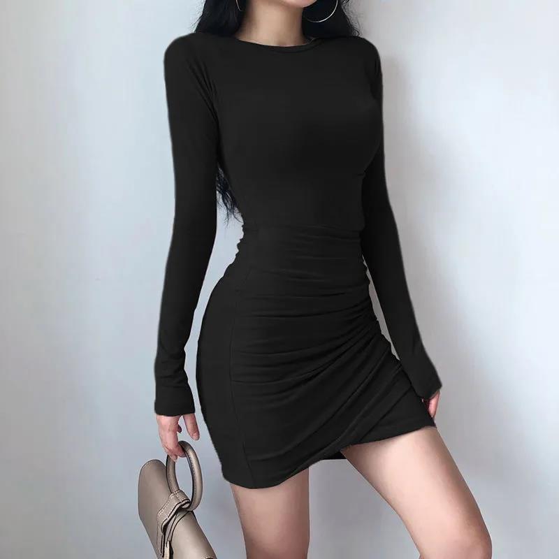 Women's Pleated Long-sleeved Bottoming Dress Korean Style Autumn and Winter Slim Sexy Slim Solid Color Waist Bag Hip Skirt Long Skirt
