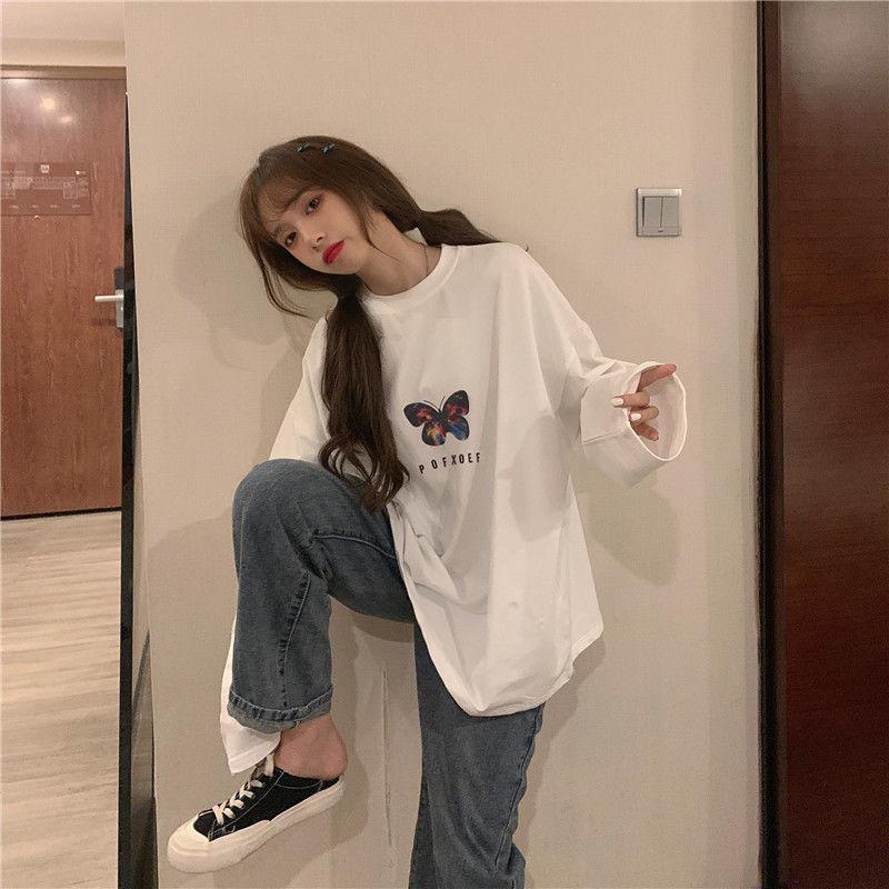 Women's Summer Tshirt Butterfly Print T-shirt Casual Loose Fall Long Sleeve Tee Top Pullover