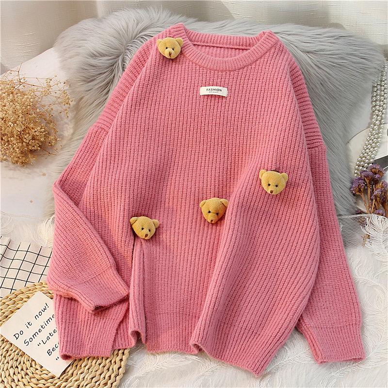 Bear sweater women's pullover loose autumn and winter new solid color loose thick wool sweater coat outer wear