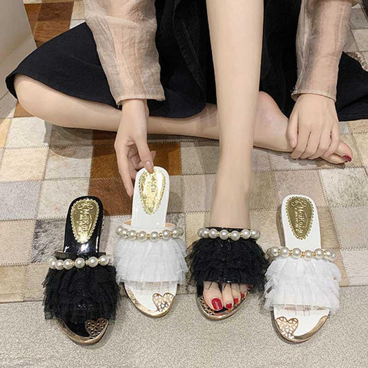 Plus Size 36-40 Summer Women Outdoor Flat Bohemian Beach Flip Flops Wear-resistant Non-slip Office Lady Lace Pearl Sandals