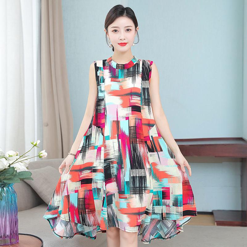 Women Cotton Silk Dress Summer Mother Sleeveless Mid-length Loose Large Home Night Skirt Beach Skirt