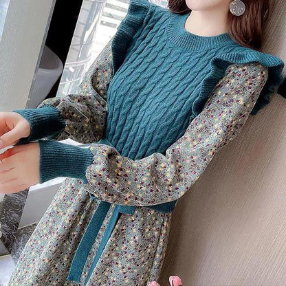 Autumn and Winter Fake Two-piece Over-the-knee Long Base Sweater Dress Base Knitted Stitching Corduroy Floral Dress