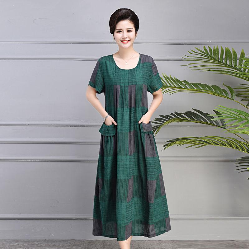 Mother Middle-aged Summer Cotton and Linen Dress Plus Size 100kg Loose Casual Linen Long Skirt Over The Knee