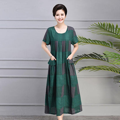 Mother Middle-aged Summer Cotton and Linen Dress Plus Size 100kg Loose Casual Linen Long Skirt Over The Knee