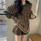 Korean Style Lazy Sweater Women's Autumn and Winter Knitted Trendy Ins Loose Foreign Style Round Neck Retro Houndstooth Top