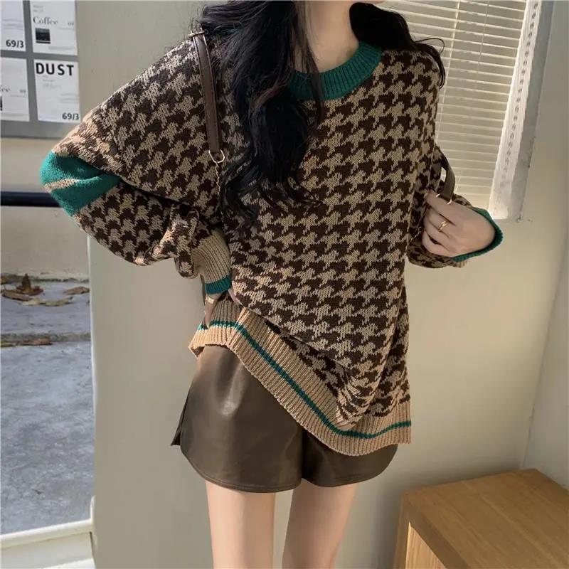 Korean Style Lazy Sweater Women's Autumn and Winter Knitted Trendy Ins Loose Foreign Style Round Neck Retro Houndstooth Top