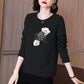 Women Cotton Pullover Double Lily Print Shirt Long Sleeve T-shirt Casual Slit Bottoming Shirt Spring