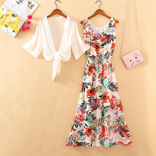 Pofulove Bohemia chiffon floral dress Sleeveless Party Beach Maxi Dress Sundress long summer dress