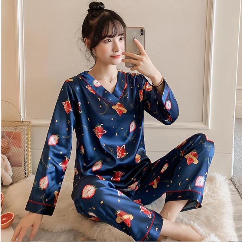 Ice Silk Pajamas Set V Neck  Long-sleeved Set for Womens Spring Autumn Thin Flower Cartoon Printed Outer Wear Home Clothes Two Pieces Set