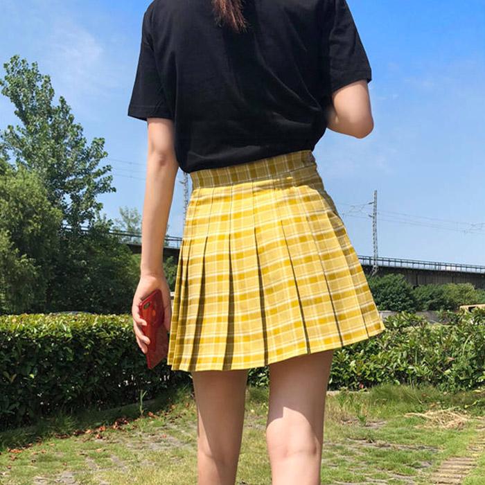 Summer Women Thin Sexy Anti-light Green Plaid Pleated Skirt Student High Waist Cute A-line Skirt
