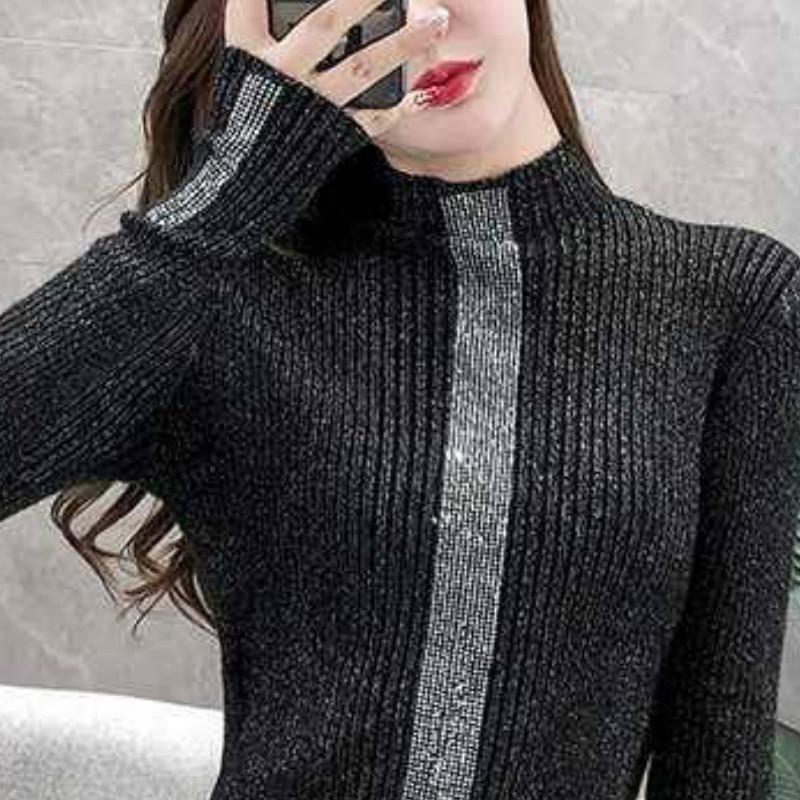 Pofulove Rhinestone Thick Pullover Sweater Women Winter Bottoming Shirt Tops Turtleneck Sweaters