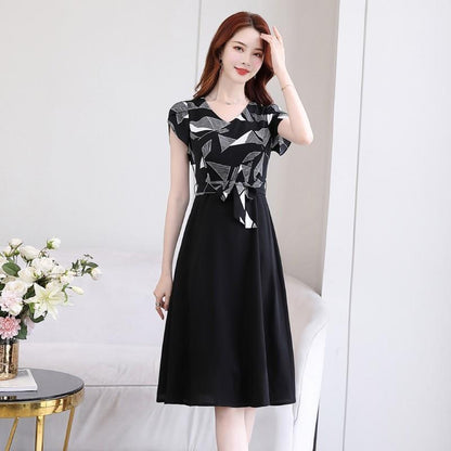 Summer Vestidos Women's New Black V-neck Stitching Loose Fit Slim Thin Dress Casual Temperament Mujer Dresses Female