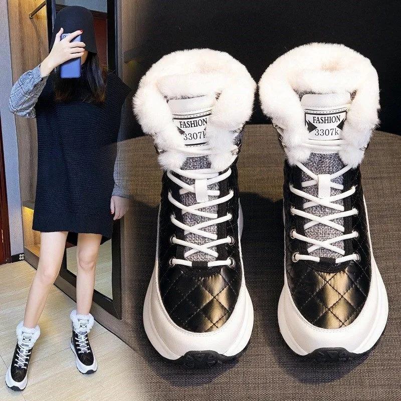 Leather Snow Boots Woman Autumn and Winter Plus Velvet Thick Cotton Casual High-top Shoes Non-slip Martin Boots