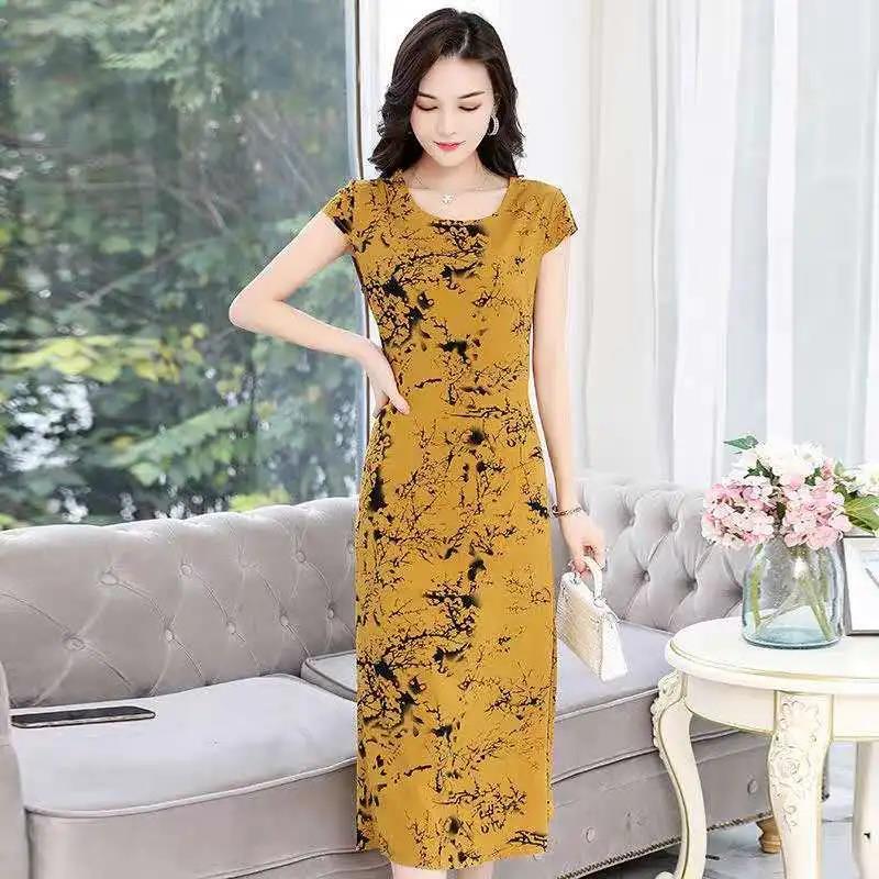 Women's Floral Round Neck Summer Short Sleeve Midi Dress  Large Loose Dress