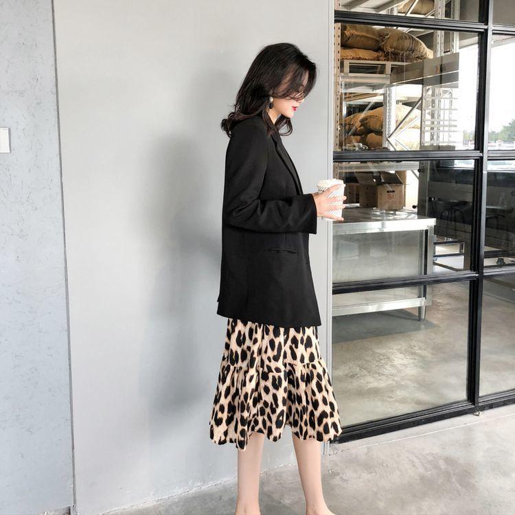 Women's Summer Leopard Print Mid-length Dress Lapel Long-sleeved Lace-up Ruffled Bohemian Beach Long Shirt