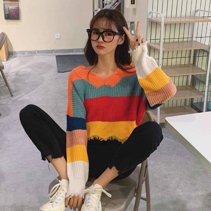 Pofulove loose sweater rainbow striped color matching striped fringe student short sweater women