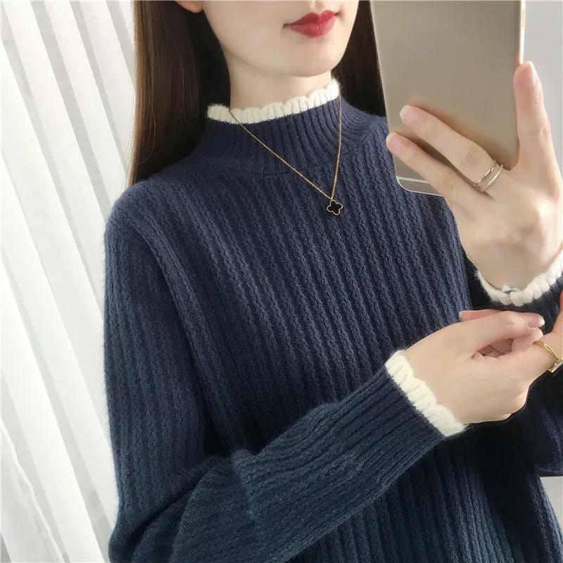Half Turtleneck Thickened Pullover Sweater Women Fashion Splicing Short Long Sleeve Sweater