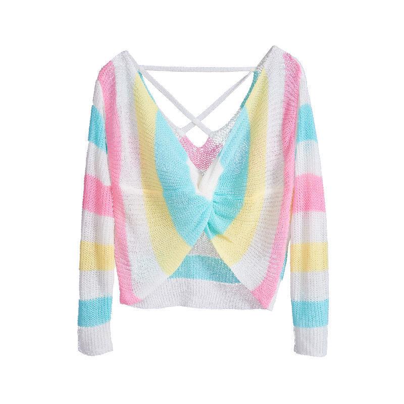 Autumn Winter Sexy Crop Sweater women Deep V-neck Pullover Sweater Long-sleeve Sweater Loose All-match Striped Sweater