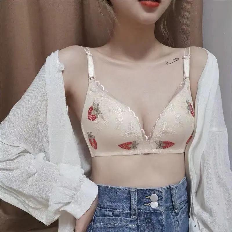 Korean Version Without Steel Ring Gathered Anti-sagging Upper Collection Side Milk Fruit Embroidered Women's Underwear Bra