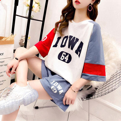 Two-piece Sportswear Suit Women's Summer Suit Round Neck Short-sleeved Top Loose Shorts Summer Ladies Suit Sweet and Cute
