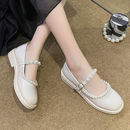 French Small Leather Shoes Women Retro Square Toe Mary Jane Small Leather Shoes Women's Pearl Buckle  Shallow Mouth Casual Student Leather Shoes