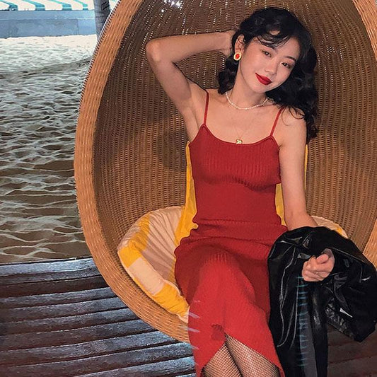 Female Vintage Slim Suspender Beach Dress Spring Elegant Backless Graceful Holiday Knitted Dress