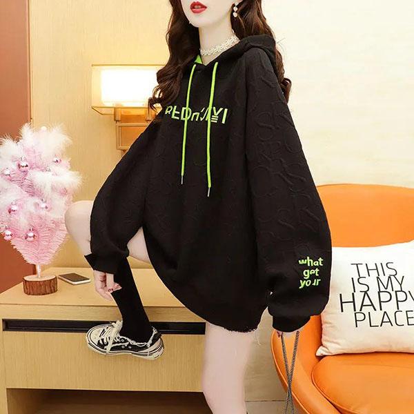 Women's Large Size Loose Hooded Tops Versatile Casual Plush Coat Autumn and Winter Mid-length Hoodies Streetwear Warm Coat