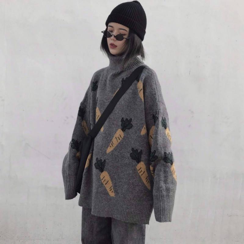 Pofulove Sweater Loose Pattern Wild Sweater Autumn and Winter Coat Tide Turtleneck Colorblock